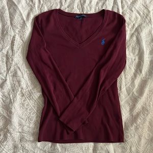 Ralph Lauren Maroon V-neck Cotton long Sleeve Fitted Sweater